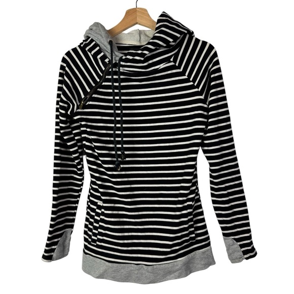 Boutique Ampersand Ave Black & White Stripe Double Layer Hoodie Sweatshirt S - Picture 1 of 4